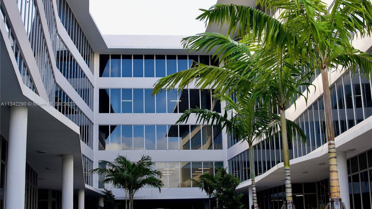 A white building surrounded by palm trees, with windows covered in professional black out